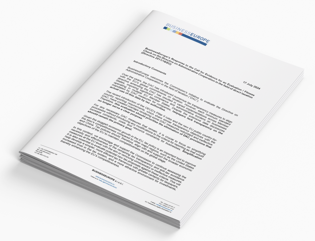 Fitness Check on the Directive on Administrative Cooperation in the field of direct taxation – BusinessEurope’s response to the Call for Evidence for an Evaluation