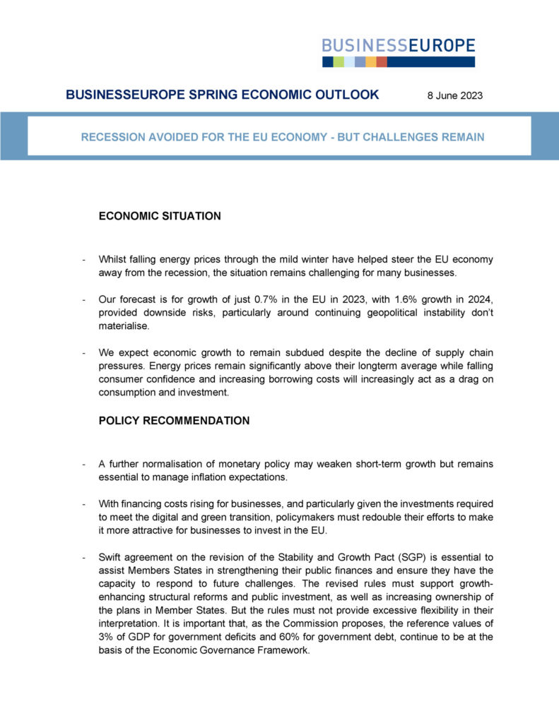 BusinessEurope Economic Outlook Spring 2023 – Recession avoided for the EU economy, but challenges remain